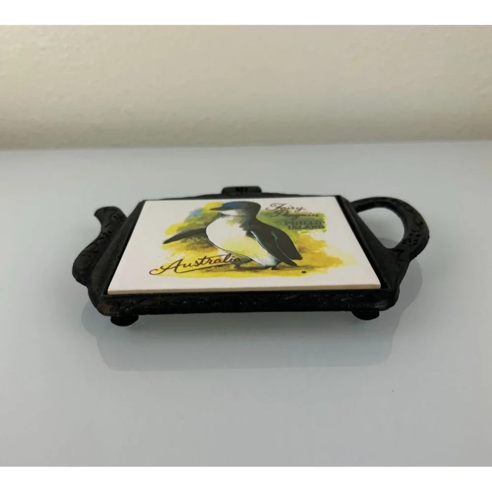 Vintage Fairy Penguin Phillip Island Australia Tile Trivet in Teapot Iron Holder
